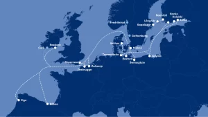 Kartta mihin kaikkialle Finnlines laivalla pääsee euroopassa.